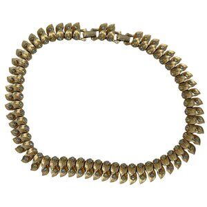 VTG 50s/60s Gold-Tone Double Leaf Adj Link Necklace Blue & Green Rhinestones 16"